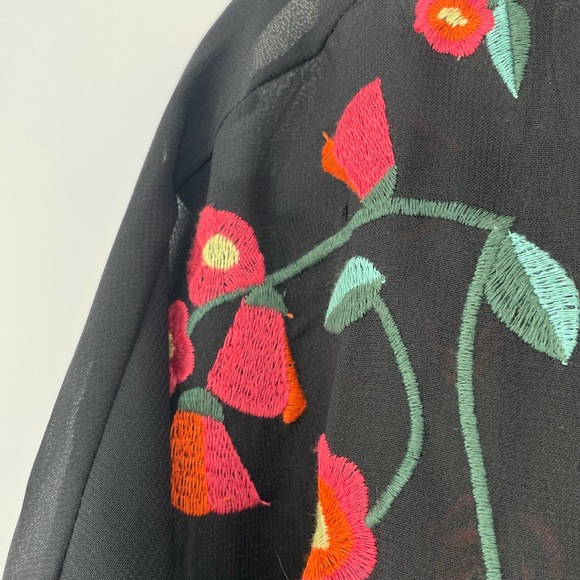 Jessica Boho Black Sheer Floral Embroidery Open Front Kimono Short Sleeve Large - Picture 4 of 10